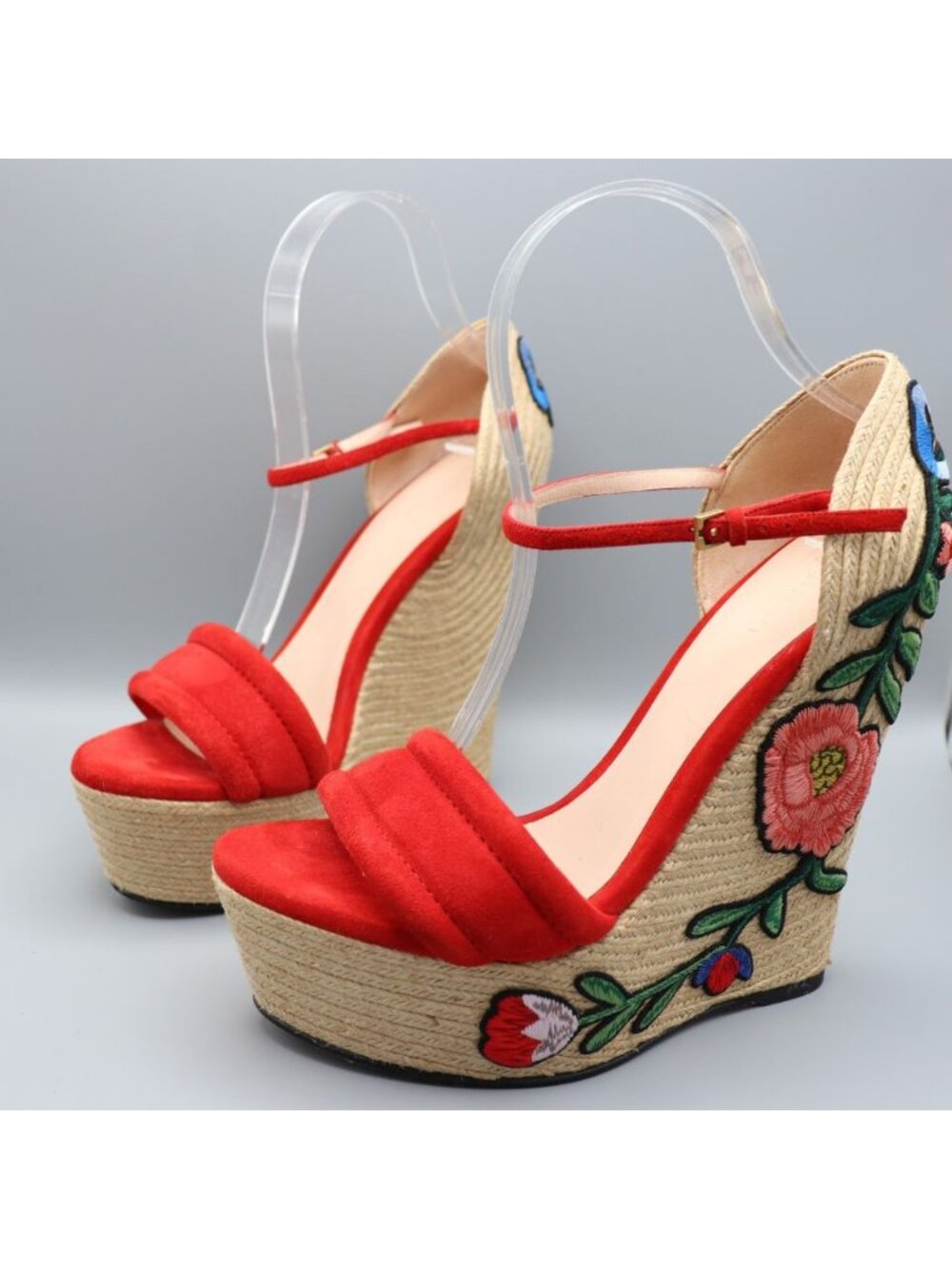 Gucci Ophelia Hibiscus Red Suede Floral Crewel Wedge Platform Espadrille 38 Box - Picture 5 of 16